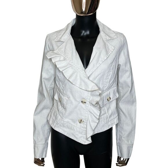 ✨ CAbi Linen Ruffle Jacket #325 Beige Oatmeal Blazer Size Medium - Picture 2 of 12